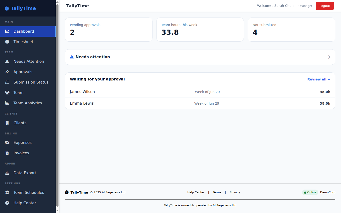 TallyTime manager dashboard — pending approvals, team hours, not submitted
