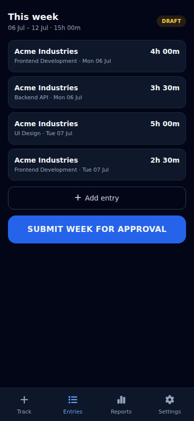 TallyTime mobile Entries — the week's entries and submit button