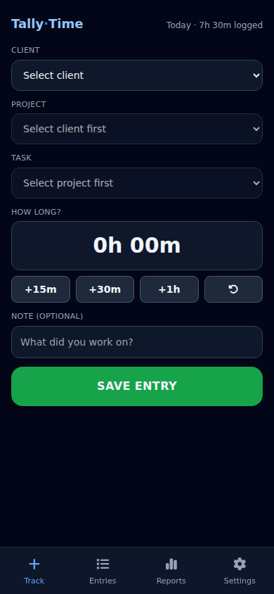 TallyTime mobile Track screen — log time in seconds